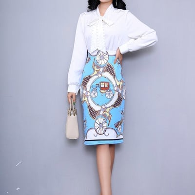 2023-as nyári divat kék virágmintás női ceruzaszoknyák magas derekú irodai női midi szoknya Női Saias Faldas lány alsók