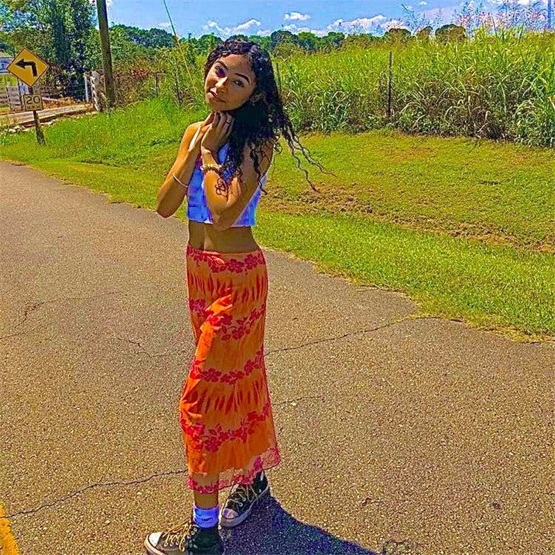 Női Y2K nyomott Midi szoknya 90-es évek Hurajuku magas derekú aranyos e-lány utcai viselet nyári gót maxi hosszú ceruzaszoknyák