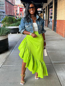 Neonzöld lépcsőzetes fodros aszimmetrikus szegély szoknya nőknek Rugalmas, magas derékú nagy lengőszoknyák Szexi Születésnapi Party Club alsó