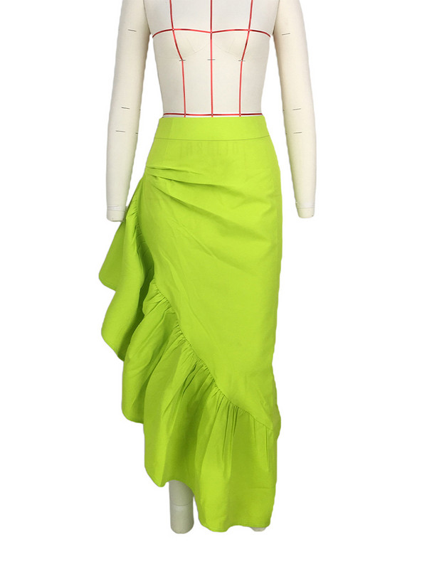 Neonzöld lépcsőzetes fodros aszimmetrikus szegély szoknya nőknek Rugalmas, magas derékú nagy lengőszoknyák Szexi Születésnapi Party Club alsó