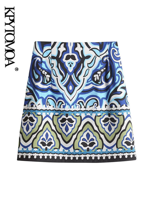 KPYTOMOA Дамска модна мини пола с щампи Vintage Женски поли с висока талия и страничен цип Mujer