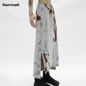 Karrcat Grunge Print Netaisyklingas sijonas Japoniškas senovinis midi sijonas Harajuku E-girl Slit Design Bandage Ilgas sijonas Gothic Gray Chic