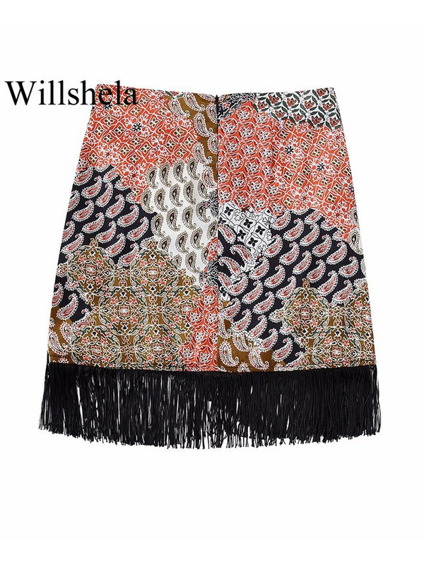 Willshela naiste moe sõlmega trükitud tutiga selja tõmblukk miniseelik Vintage kõrge vöökohaga naiste stiilsed naiste seelikud Mujer varustus