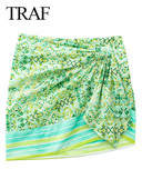 TRAF női új divat zöld mini szoknya csomómintás pamutvászon magas derekú elegáns rövid szoknya női Boho Beach utcai viselet szoknyák