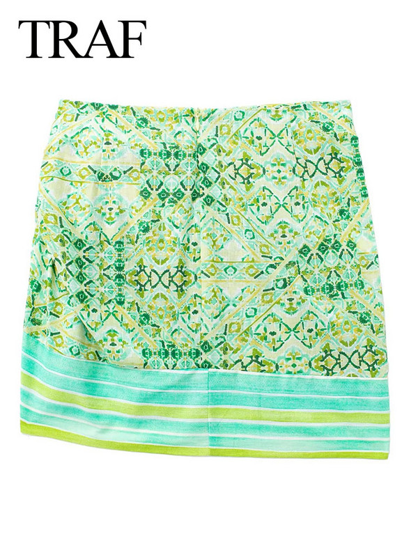 TRAF női új divat zöld mini szoknya csomómintás pamutvászon magas derekú elegáns rövid szoknya női Boho Beach utcai viselet szoknyák