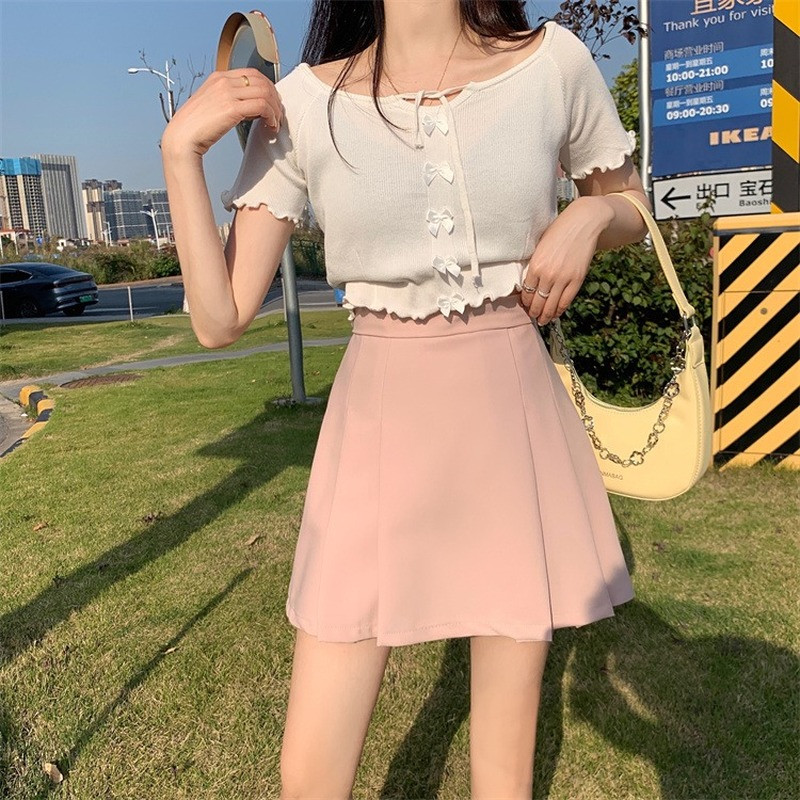 Mini szoknya női koreai stílusú, magas derékú, tömör hajtások Divatos utcai viselet Édes ünnepi A-vonalú Ins Nyári Minden meccs lányos hangulatos