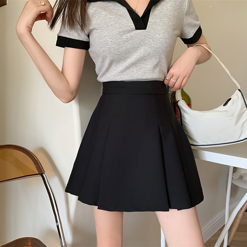 Mini szoknya női koreai stílusú, magas derékú, tömör hajtások Divatos utcai viselet Édes ünnepi A-vonalú Ins Nyári Minden meccs lányos hangulatos