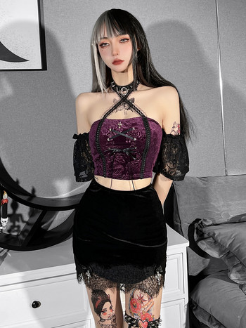 Velvet Gothic Lace Μαύρη Μίνι Φούστα Vintage Grunge Ασύμμετρες Φούστες Ropa Harajuku Ψηλόμεση Αισθητική Y2k Emo Alt Club Skater