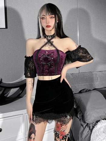 Velvet Gothic Lace Μαύρη Μίνι Φούστα Vintage Grunge Ασύμμετρες Φούστες Ropa Harajuku Ψηλόμεση Αισθητική Y2k Emo Alt Club Skater