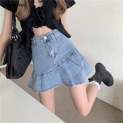 Ljetne traper suknje s nepravilnim volanima Ženske Ulzzang studentice Visokog struka Tanka seksi mini suknja Harajuku Elegantne spojene falde