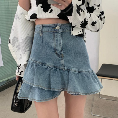 Nyári szabálytalan fodrok Farmer szoknyák Női Ulzzang Diákok Magas derekú Karcsú Szexi Miniszoknya Csípő Harajuku Elegáns Összefűzött Faldas