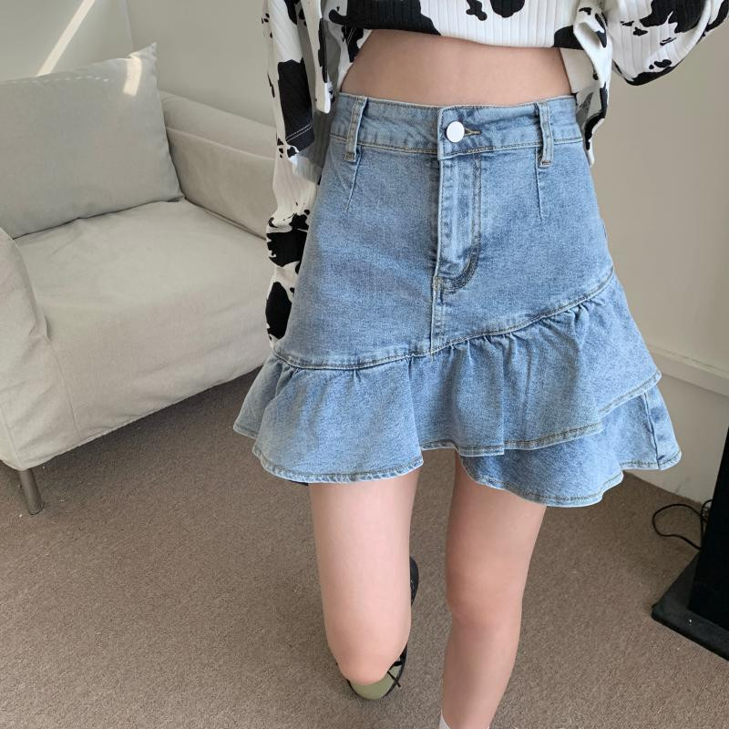 Nyári szabálytalan fodrok Farmer szoknyák Női Ulzzang Diákok Magas derekú Karcsú Szexi Miniszoknya Csípő Harajuku Elegáns Összefűzött Faldas