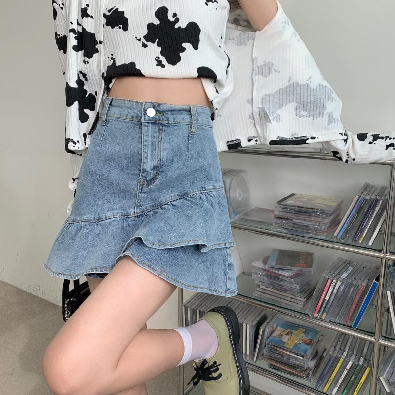 Nyári szabálytalan fodrok Farmer szoknyák Női Ulzzang Diákok Magas derekú Karcsú Szexi Miniszoknya Csípő Harajuku Elegáns Összefűzött Faldas