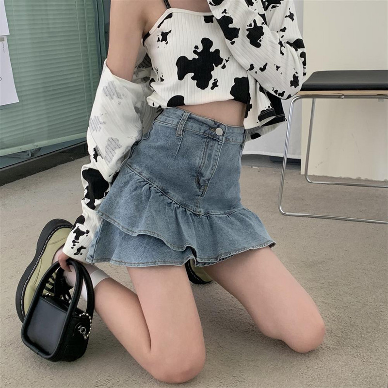 Nyári szabálytalan fodrok Farmer szoknyák Női Ulzzang Diákok Magas derekú Karcsú Szexi Miniszoknya Csípő Harajuku Elegáns Összefűzött Faldas