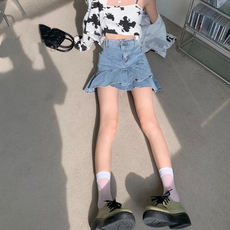 Nyári szabálytalan fodrok Farmer szoknyák Női Ulzzang Diákok Magas derekú Karcsú Szexi Miniszoknya Csípő Harajuku Elegáns Összefűzött Faldas