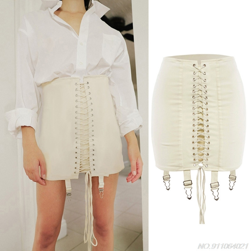 Női, magas derekú, keresztben fűzős elöl Bodycon mini ceruzaszoknya harisnyakötő övvel Harajuku tömör hajtogatott csomag nagykereskedés