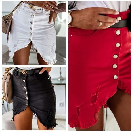 Női nyári farmer szoknyák magas derekú gombos farmerek sztreccs szoknyák női alkalmi, szabálytalan bojtos Bodycon szoknya (nincs öv)