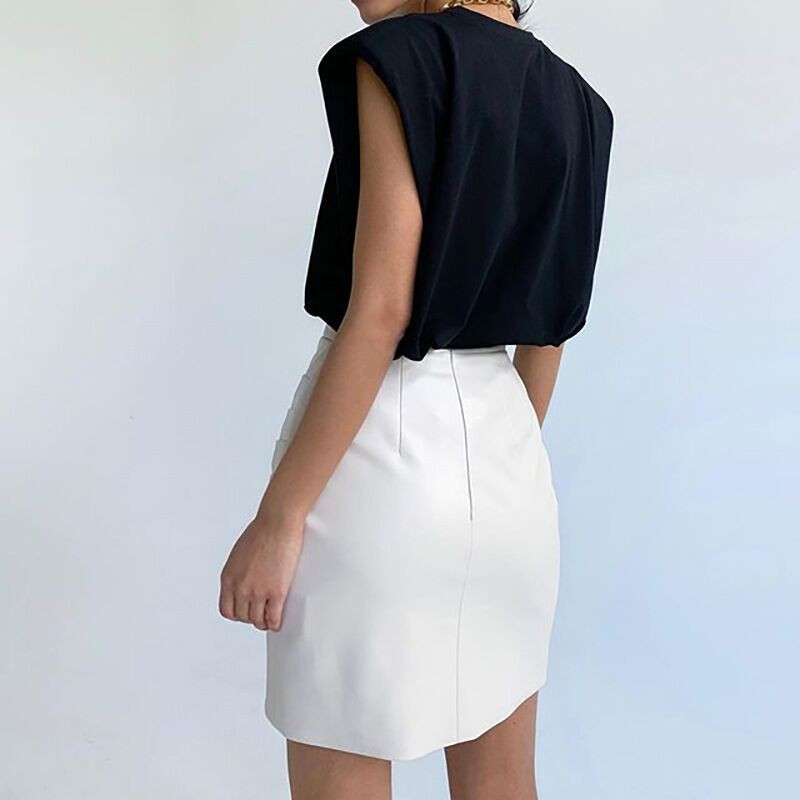 Augstas kvalitātes PU ādas sieviešu svārki ar augstu vidukli Mini īsi svārki asimetrija cieši svārki Fashion 2020 Sieviešu vienkrāsaini balti svārki