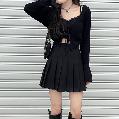 Īsi svārki sievietēm Vasarīgi, jauki un forši, plāni svārki ar augstu vidukli A-līnijas soma Hip Hot Girl melni kroku maksi