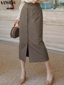 VONDA Γυναικείες φούστες για πάρτι 2023 Καλοκαίρι κομψά μονόχρωμα κουμπιά Casual μακριά φούστα χαλαρές τσέπες Μόδα streetwear κάτω γυναικείο