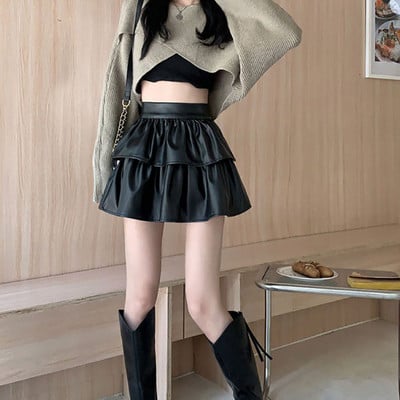 Divatos temperamentum, egyszínű rakott PU fenék szoknya, női rövid szoknya, női 2022