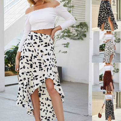 Femei Sexy cu talie înaltă Split neregulat Midi Fusta lungă Wrap Boho Dot Print Asimetric Volane Hem Beach Streetwear