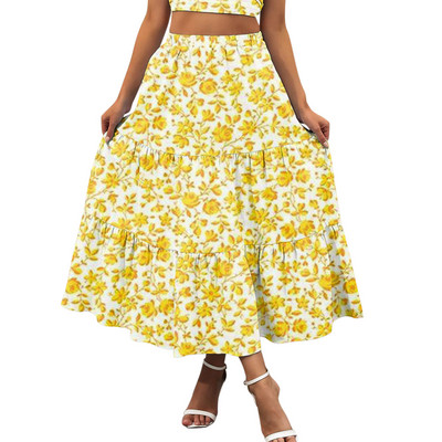 Γυναικεία Maxi Φούστα Πορτοκαλί Floral Print Split Σέξι καλοκαιρινές φούστες Vintage Beach Casual Ρούχα Boho μακριές γυναικείες φούστες