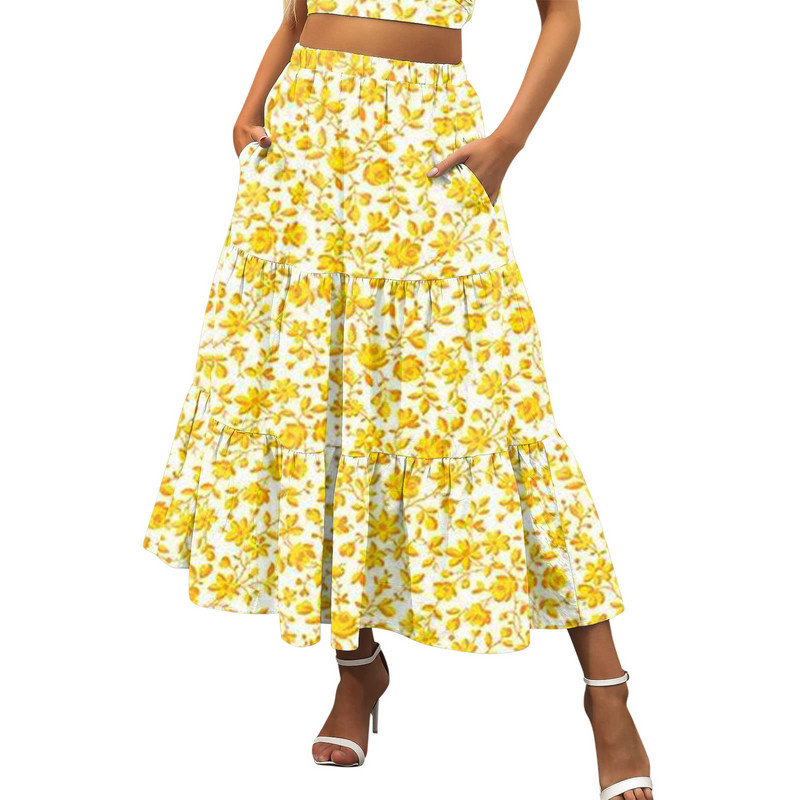 Γυναικεία Maxi Φούστα Πορτοκαλί Floral Print Split Σέξι καλοκαιρινές φούστες Vintage Beach Casual Ρούχα Boho μακριές γυναικείες φούστες