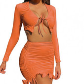 2021-es női mini szoknyák egyszínű, hosszú ujjú, szexi Crop felső, húzózsinóros sport, kétrészes, lányok szoknyákhoz illő készlet