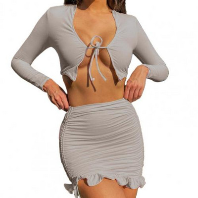 2021-es női mini szoknyák egyszínű, hosszú ujjú, szexi Crop felső, húzózsinóros sport, kétrészes, lányok szoknyákhoz illő készlet