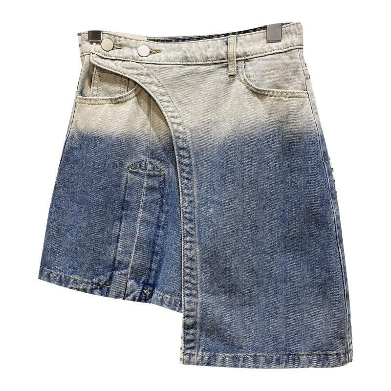 Asümmeetriline lipsuvärvi teksaseelik Naiste kõrge vöökohaga ebaregulaarne ääris Juhuslik sinine kontoriseelikud Naiste suvised moerõivad