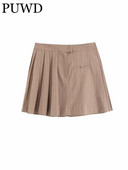 PUWD naiste moe kahakivärvi asümmeetriline triibuline laia plisseeritud miniseelik 2023 kevadvintage tõmblukuga kärbes naiste seelikud Mujer