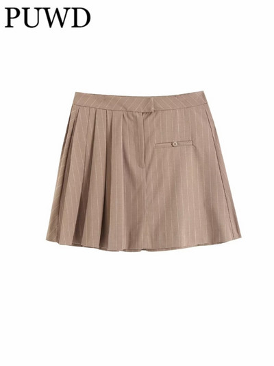 PUWD naiste moe kahakivärvi asümmeetriline triibuline laia plisseeritud miniseelik 2023 kevadvintage tõmblukuga kärbes naiste seelikud Mujer