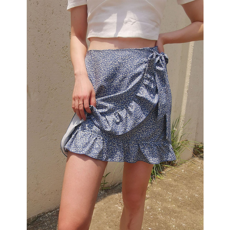 Fusta cu șireturi cu talie înaltă Fusta cu fermoar cu imprimeu neregulat cu volane, europeană și americană