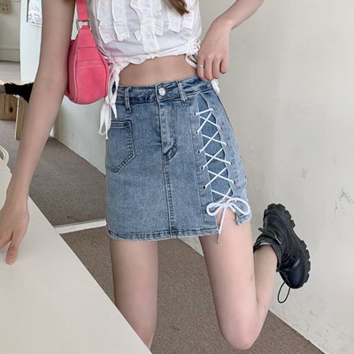 Μίνι ακανόνιστες φούστες Γυναικείες τζιν Λεπτό κορδόνι Λεπτό Hotsweet Πλαϊνό σκίσιμο Καλοκαιρινό ψηλόμεσο Κορεάτικο στυλ Σέξι κομψή μόδα Νέα юбка