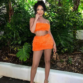 Tömör plüss, kétrészes női szett, csípős mellkas, csupasz középső felsők+magas derekú karcsú csípőszoknya, egyedi női viselet