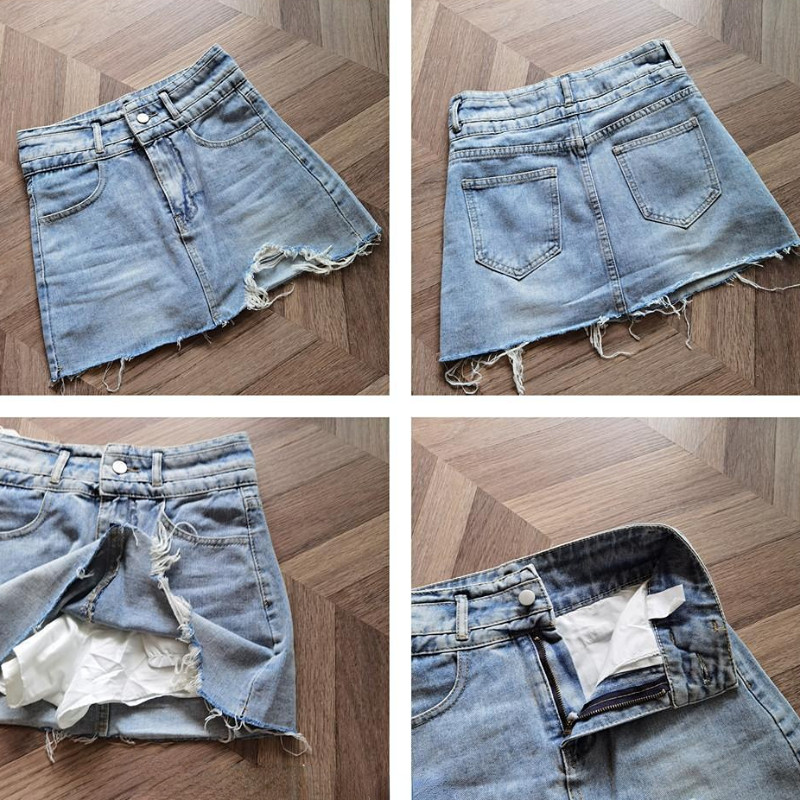 Τζιν Φούστες Γυναικείες Ακανόνιστες Hotsweet Μίνι Vintage Καλοκαιρινό Κορεάτικο Στιλ Απλή All-Match Ripped Washed Personality College Chic