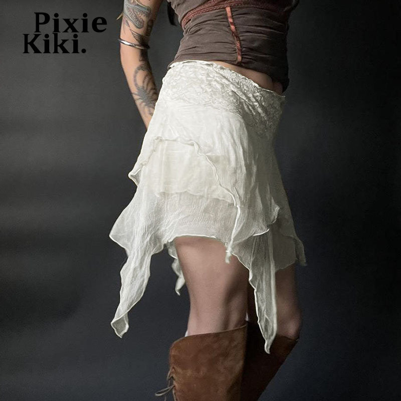 PixieKiki Y2k suvised asümmeetrilised seelikud, läbinägemine beež kõrge vöökohaga miniseelik Fairy Coquette Festivali komplektid P77-BH20