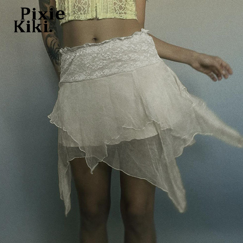 PixieKiki Y2k suvised asümmeetrilised seelikud, läbinägemine beež kõrge vöökohaga miniseelik Fairy Coquette Festivali komplektid P77-BH20