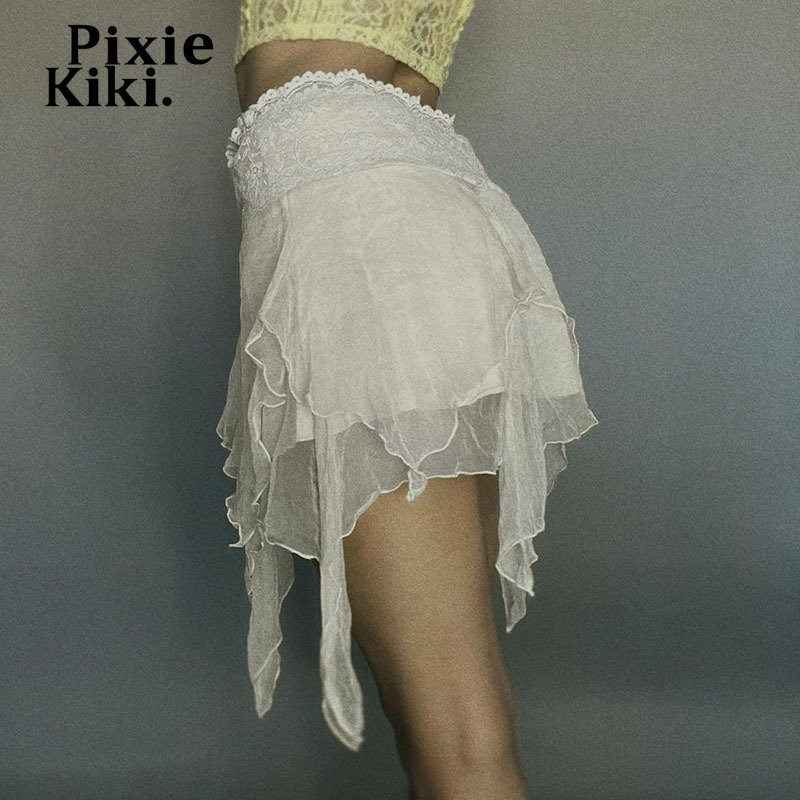 PixieKiki Y2k suvised asümmeetrilised seelikud, läbinägemine beež kõrge vöökohaga miniseelik Fairy Coquette Festivali komplektid P77-BH20