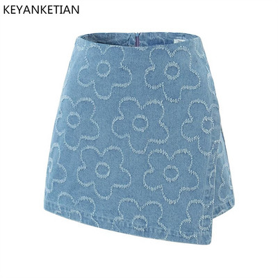 KEYANKETIAN Nova ljetna asimetrična traper suknja visokog struka Chic Jacquard dizajn Ženska torba Mini culottes A kroja