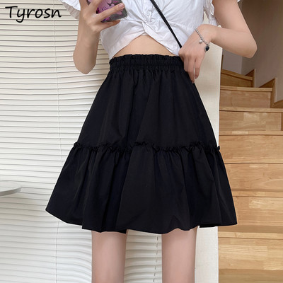 Sieviešu pumpuru svārki, sēnīte, Sweet Girls, melni S-4XL Kawaii studentu mini svārki Preppy Ulzzang elastīga jostasvieta, salocīti apģērbi