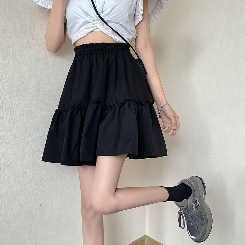 Női bimbós szoknyák Gomba Sweet Girls fekete S-4XL Kawaii diák miniszoknya Preppy Ulzzang elasztikus derékruha, összehajtható ruházat