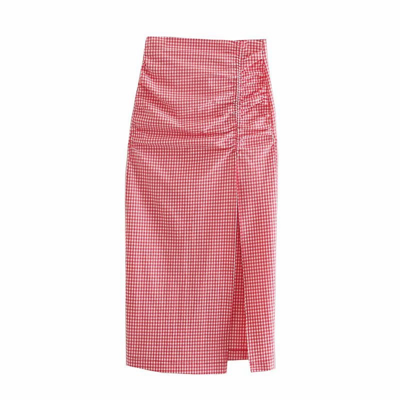 Sarkani rūtaini svārki sievietēm, vintage, šķelts, ar augstu vidukli
