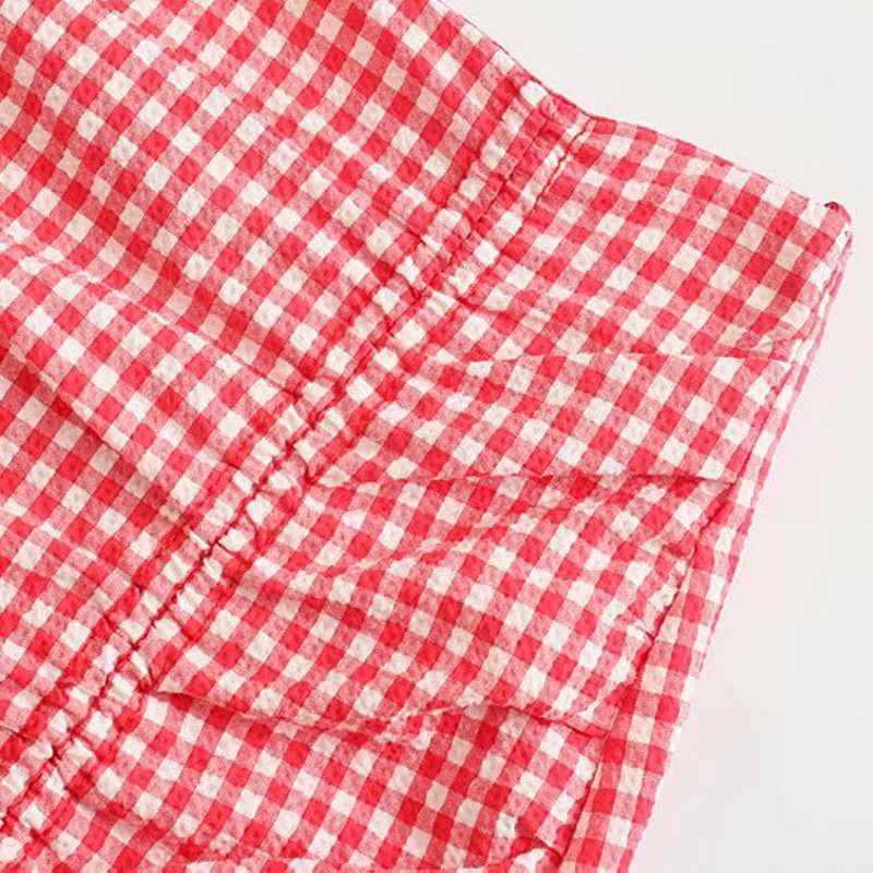 Sarkani rūtaini svārki sievietēm, vintage, šķelts, ar augstu vidukli