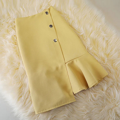 Elegáns női egyszínű szoknyák magas derekú koreai stílusú fekete nyári mini szoknyák egysoros aszimmetrikus irodai női szoknyák