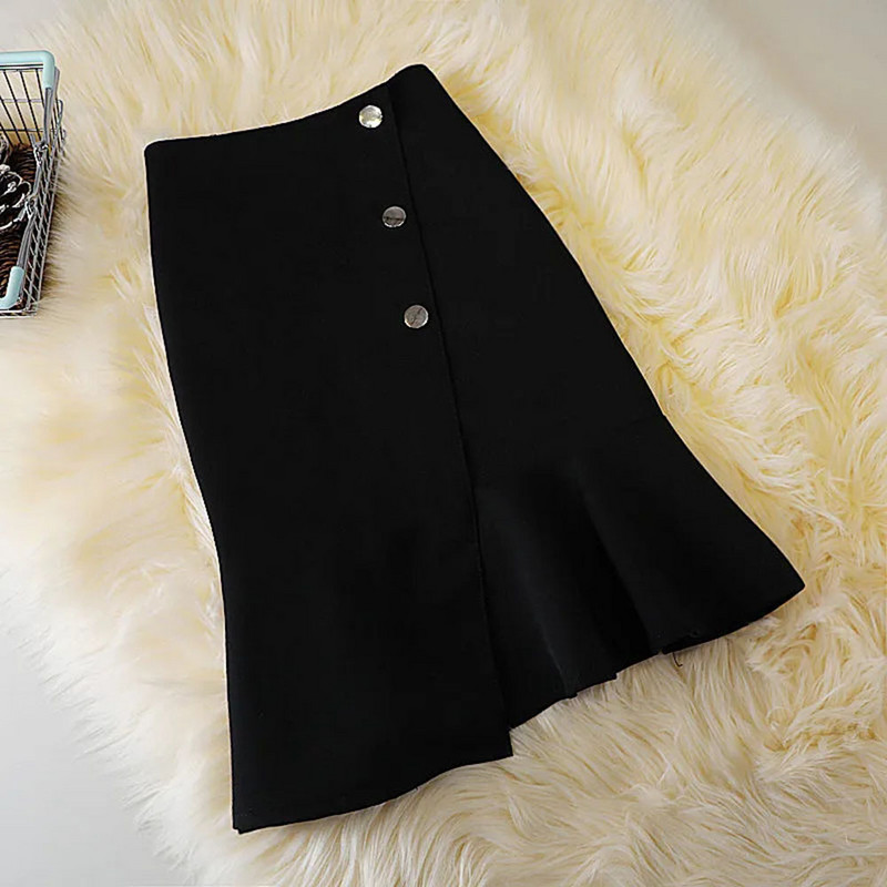 Elegáns női egyszínű szoknyák magas derekú koreai stílusú fekete nyári mini szoknyák egysoros aszimmetrikus irodai női szoknyák