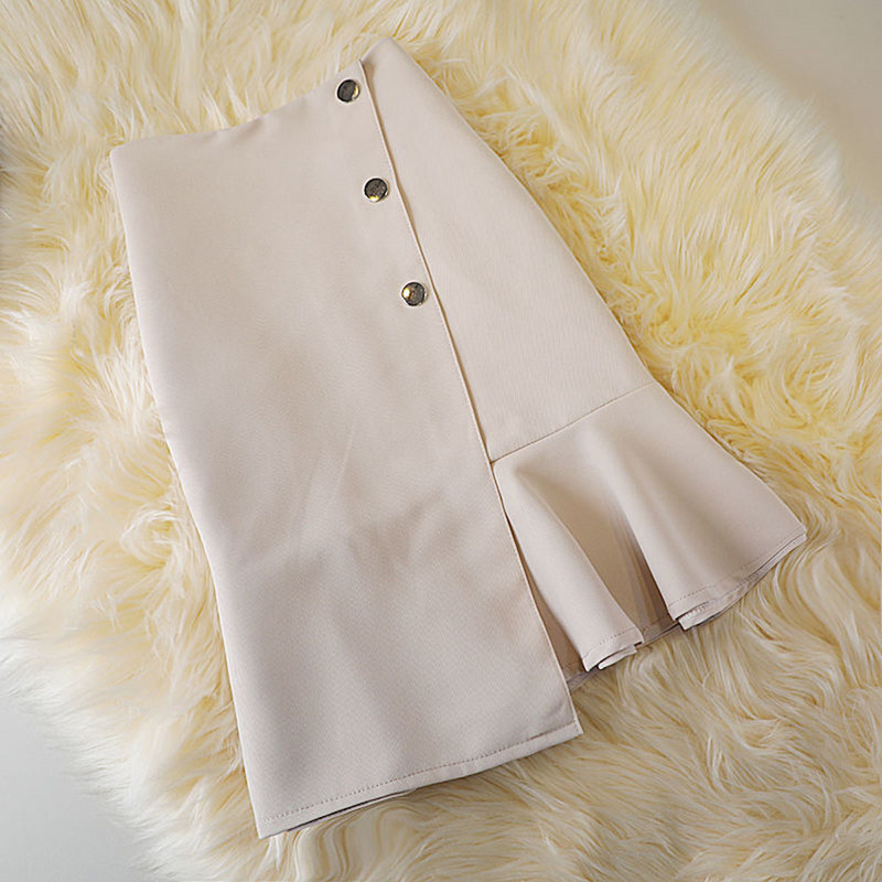 Elegáns női egyszínű szoknyák magas derekú koreai stílusú fekete nyári mini szoknyák egysoros aszimmetrikus irodai női szoknyák