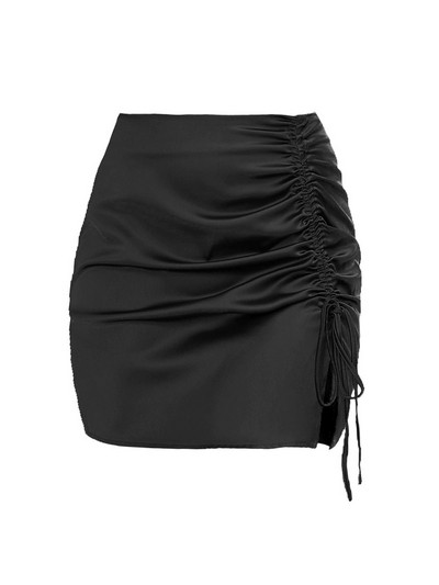 Divatos fűzős kötés mini szoknyák szatén női magas derekú, dörzsölt húzózsinór szexi szűk hasított szoknya ráncos partiszoknya H107