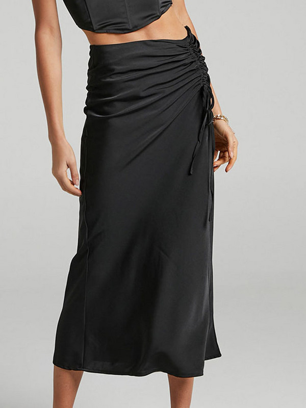 Divatos fűzős kötés mini szoknyák szatén női magas derekú, dörzsölt húzózsinór szexi szűk hasított szoknya ráncos partiszoknya H107